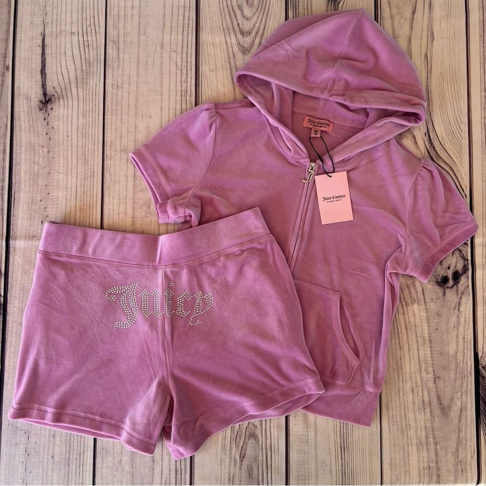 Juicy Couture Dewberry Pink Velour Rhinestone Short Zip Hoodie Set